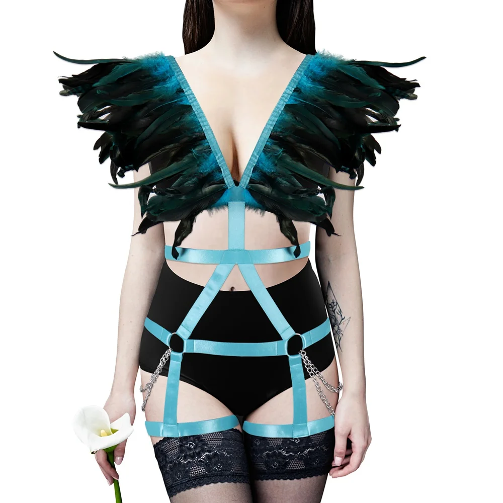 

Women Elastic Sexy Feather Cage Bra Bandage Harness Belt Hollow Out Party Rave Wear Full Body Harness Stocking Strappy Bralette