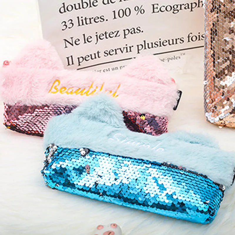 Большой плюшевый органайзер для канцелярских принадлежностей с блестками |