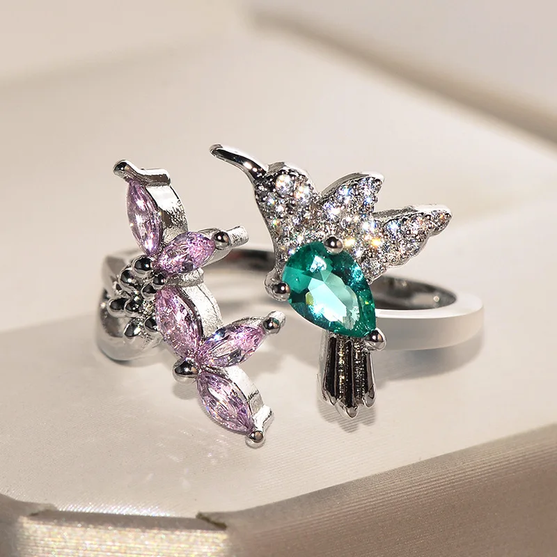 

2019 New Luxury Shine Green Stone Cublic Zircon Cute Hummingbird&Pink Flower Ring Bird Shaped Rings for Women Hyperbole Jewelry