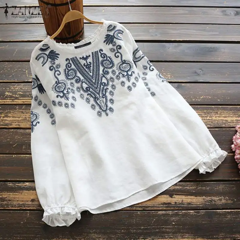ZANZEA Spring Long Sleeve Ruffles Tops Women Vintage Embroidery Blouse  Casual O Neck Cotton Linen Blusas Femininas Shirt Mujer
