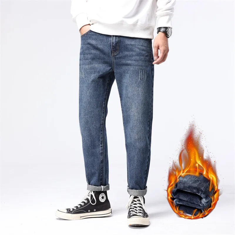 

Джинсы-шаровары мужские с бархатной подкладкой, Модные Плотные хлопковые брюки стрейч в стиле ретро, модные джинсы, большие размеры, Осень-з...