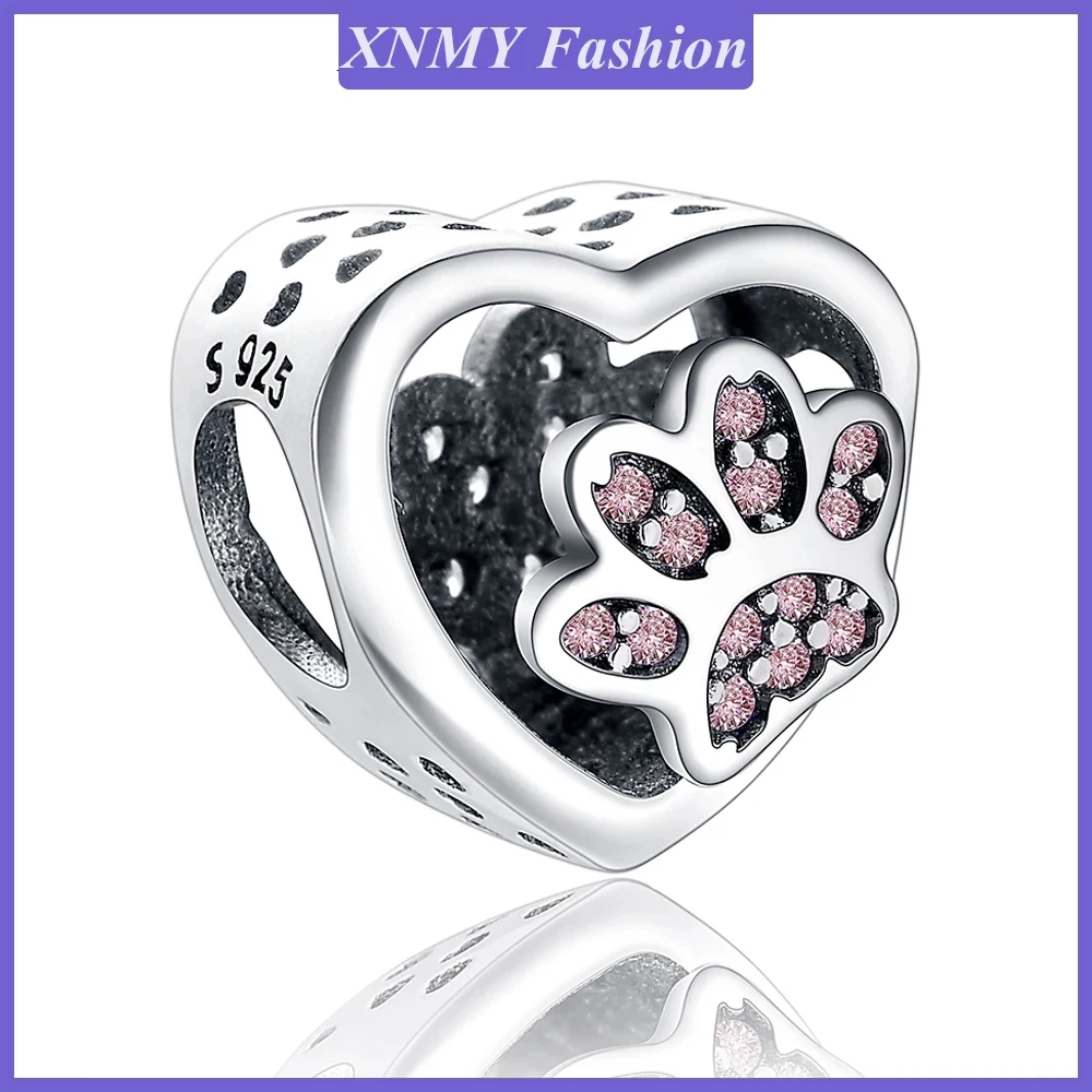 

XNMY New Silver Color Heart Dog Paw Pink Enamel DIY fine beads Fit Original Pandora Charm Bracelet Pendant DIY Jewelry Gift