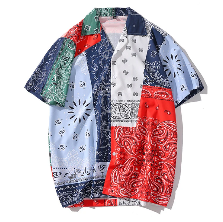 

Cutubly Retro Folk-custom Totems Color Block Patchwork Shirts Men Short Sleeve Casual Hawaiian Bermuda Beach Summer Shirts Tops
