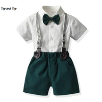 top and top fashion toddler kids boys gentleman clothing set formal white short sleeve shirts with bowtieoveralls casual suits