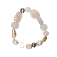 folisaunique rose quartz baroque pearl bracelet clear quartz antique silver plated beads stretchy for women girl gift 7 5 inch