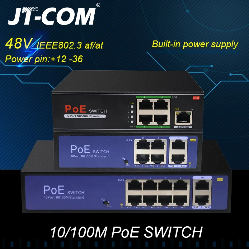 Сетевой коммутатор POE 48 В Ethernet с портами 10/100/1000 Мбит / с 5/6/8/10 IEEE 802.3af / at Подходит для IP-камер / беспроводных систем AP / камер видеонаблюдения с адаптером питания 100 Вт