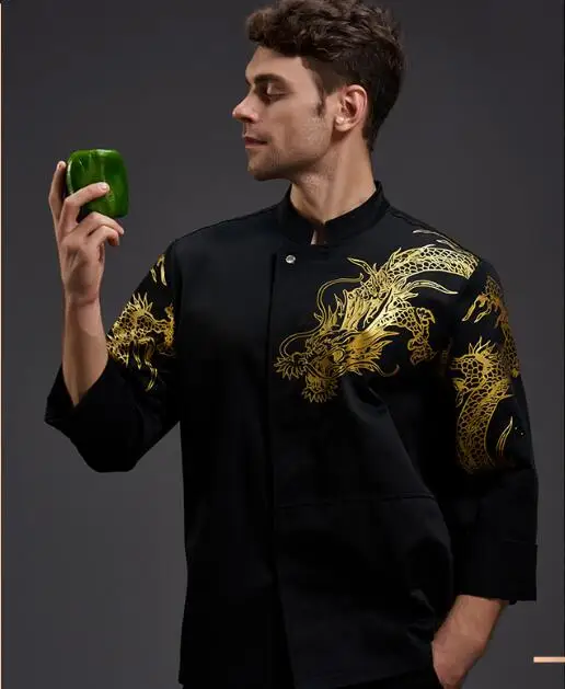 Форма повара ресторана Men Комбинезоны на весну печать Chinese Dragon Gold Cook Shirt |