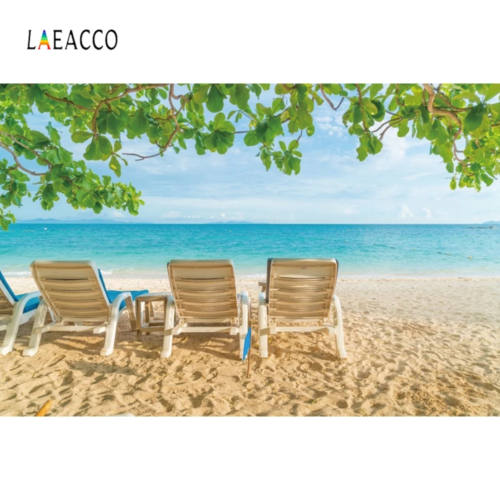 Laeacco летние праздничные фотофоны небо облака море пляжные деревья стул для