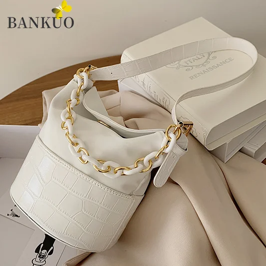 

BANKUO Womens Bucket Bag Leather PU Solid Stone Pattern Shoulder Bags for Women Large Capacity Handbag Casual Shopping Bag X324