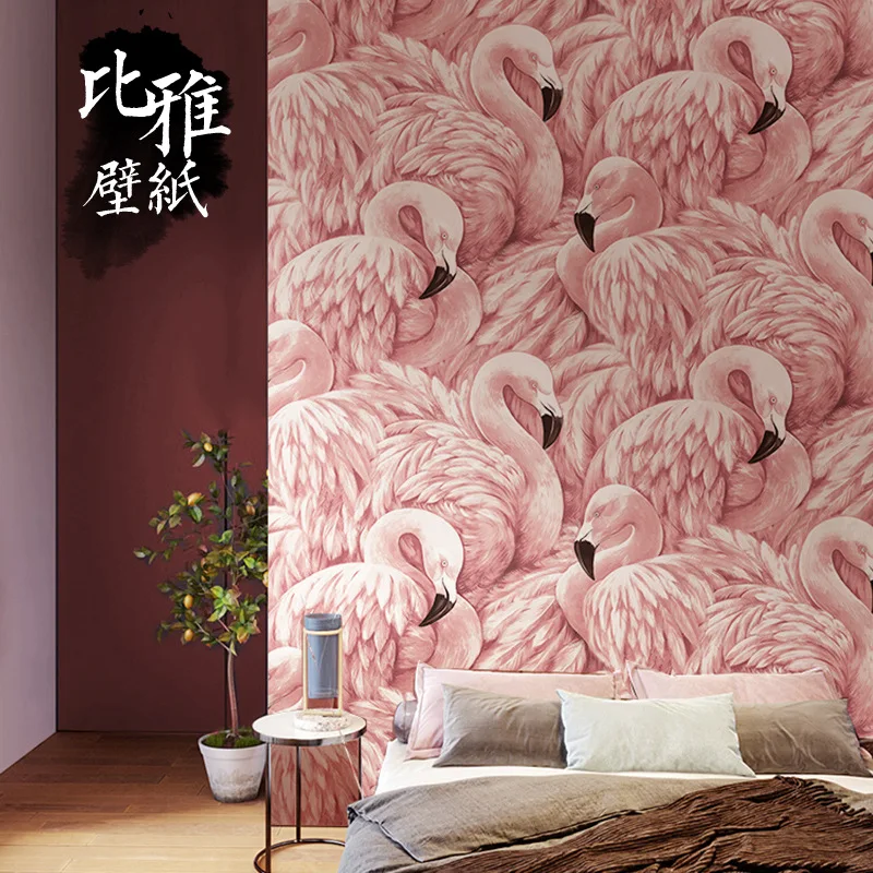 

Nordic style pink wallpaper flamingo girl heart background wall wallpaper bedroom living room modern minimalist princess powder