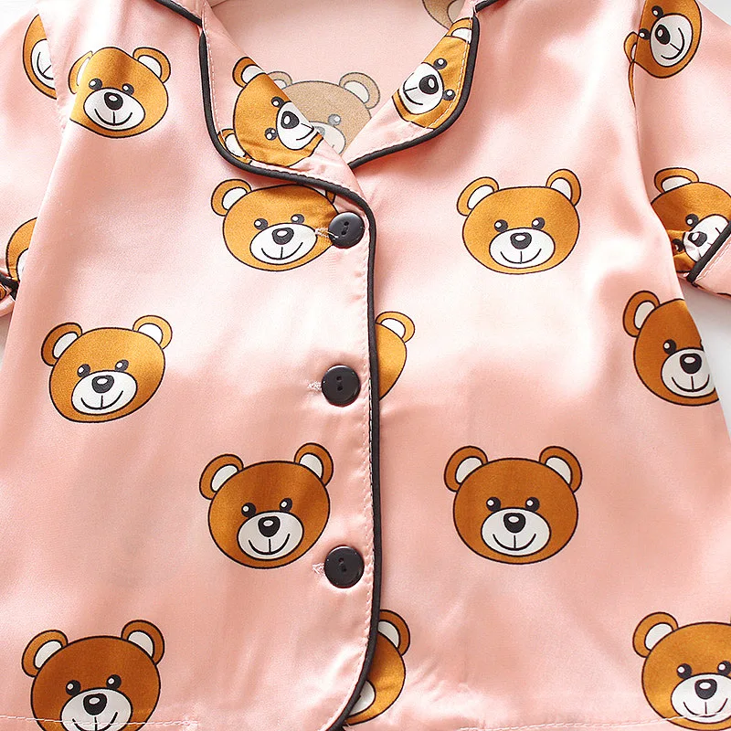 Summer Kids Pajamas Sets Fashion Leopard Silk Satin Boys Girls Home Wear 2Pcs Outfits Short Sleeve Blouse Tops+Shorts Sleepwear images - 6