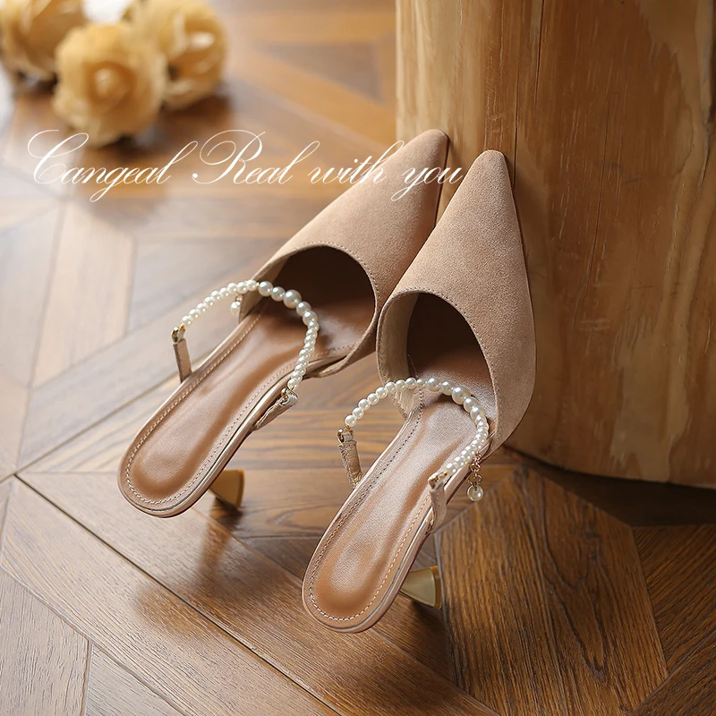 

New summer Ladies slippers natural Leather shoes 22-24.5cm Sheep suede/Cowhide upper pearl chain slippers outdoor Metal heel