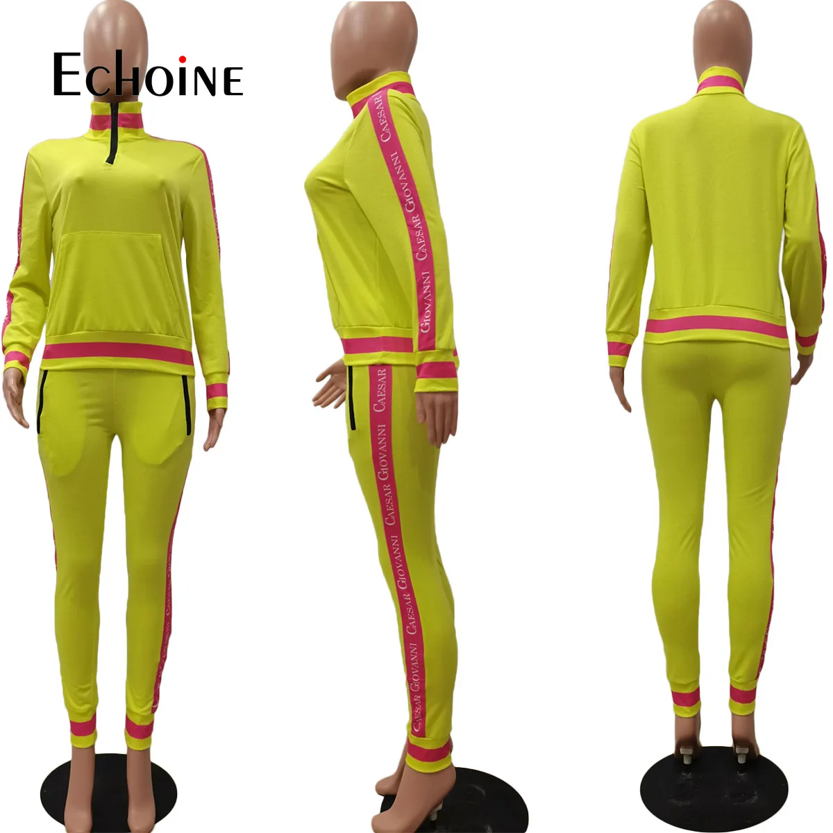 

Echoine Women Sportwear Letter printing Splicing Pocket Set Zipper Hoodies Pants Set Tracksuit Two Piece Outfit Active Sweatsuit