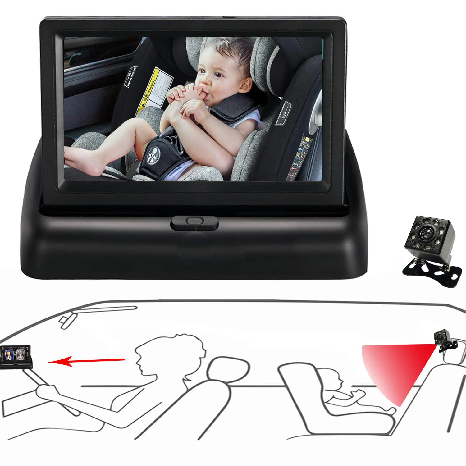 Goedkoop Auto Spiegel Omkeren Scherm 4.3 Inch Fold Tft-scherm Auto Babyfoon 8 Lichten Infrarood Riem Hd Nachtzicht Camera Voor Baby