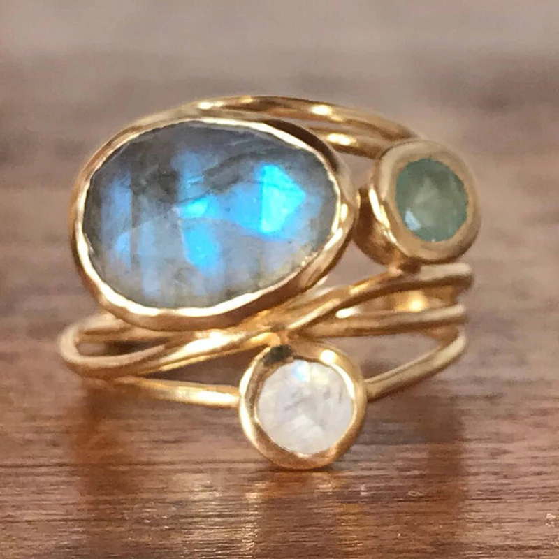

European American Fashion Style Double-Deck Gold Rings for Women Irregular Opals Moonstone Rings Vintage Party Jewelry 2021