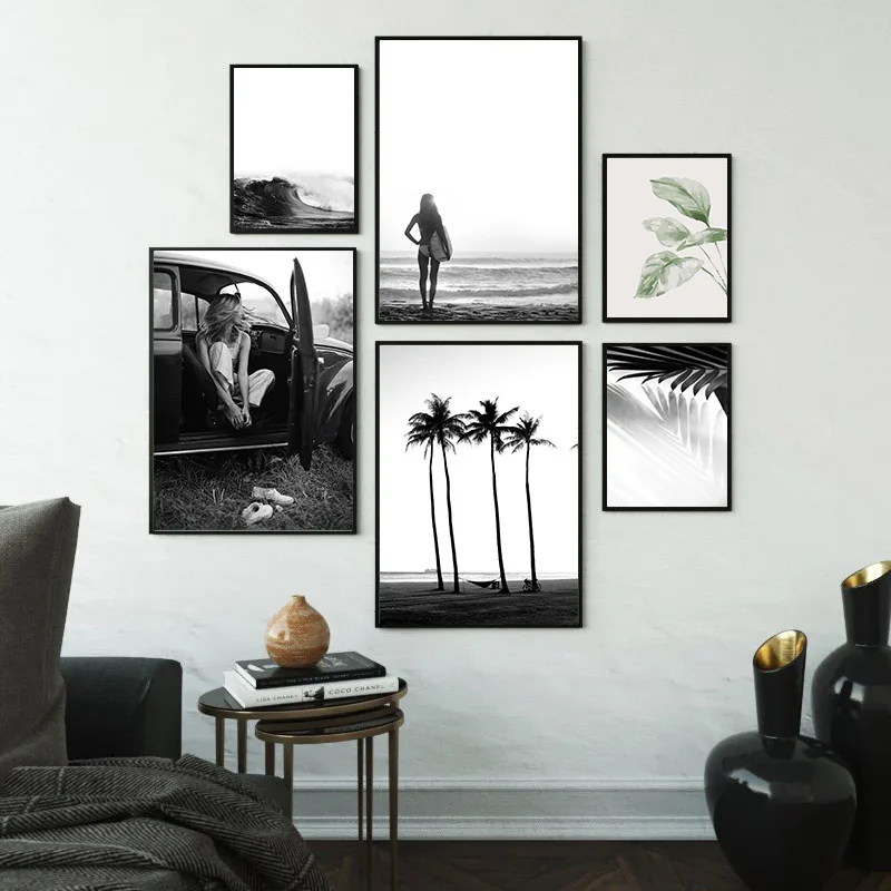 Черно-Белая настенная Картина на холсте постер морской пейзаж пляжная девушка