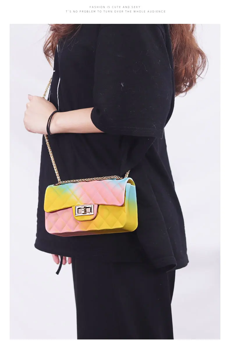 New Jelly Small Square Bag Clutch Purse Women's Bag Messenger Bag Gradient Rainbow Rhombic Chain Shoulder Crossbody Bag