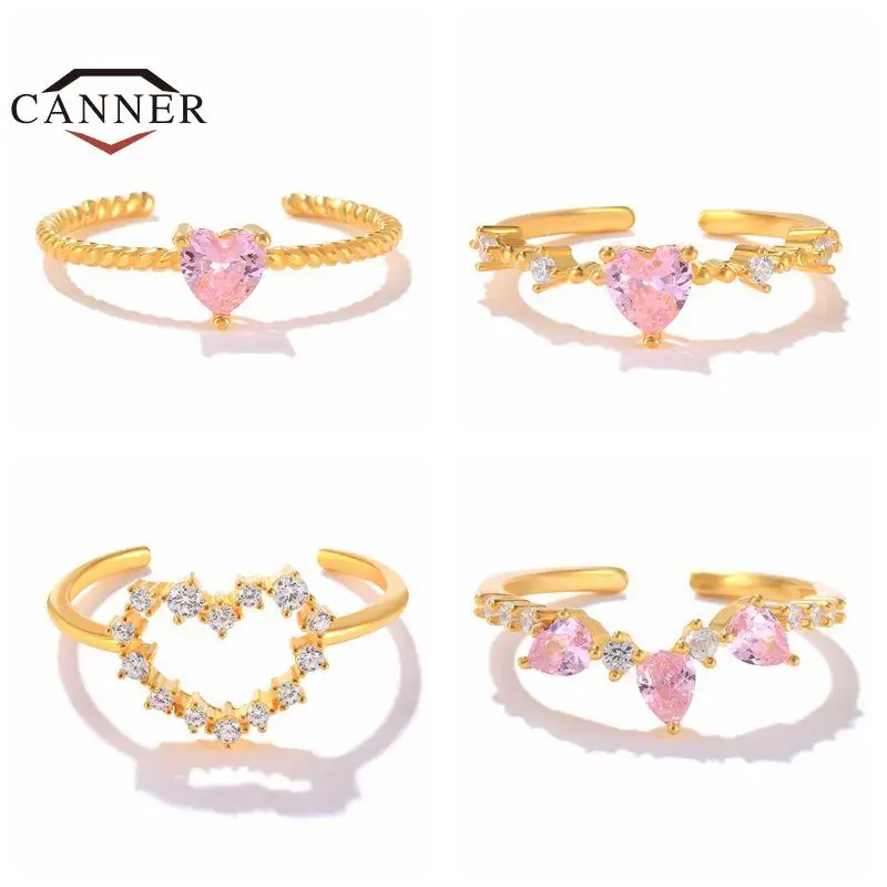 

CANNER 925 Sterling Silver INS Geometric Sweet Love Rings For Women Pink Zirconia Ring Engagement Wedding Luxury Jewelry Gifts