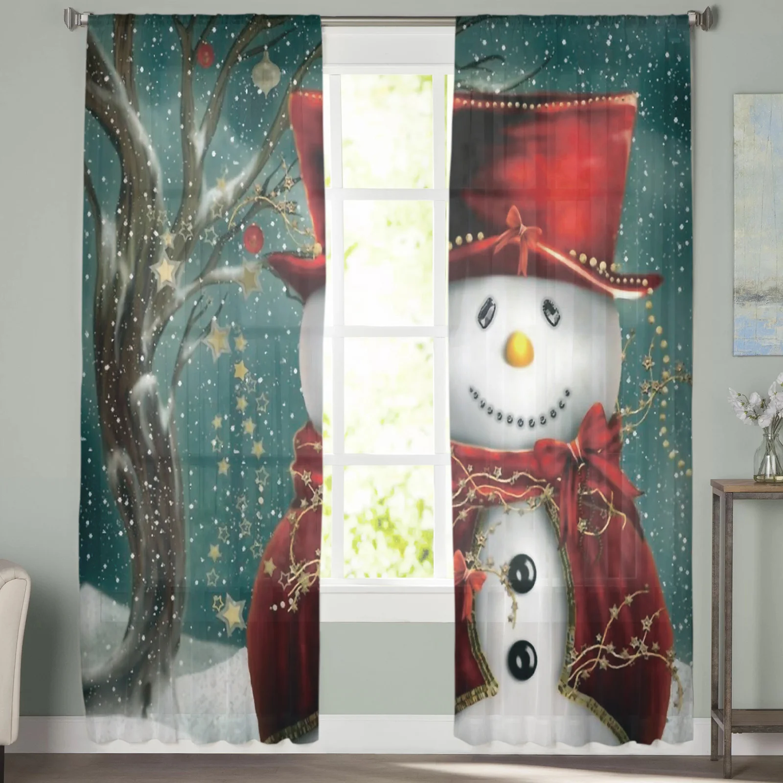 Рождественские снеговики красная шляпа ветки прозрачные шторы рождественские