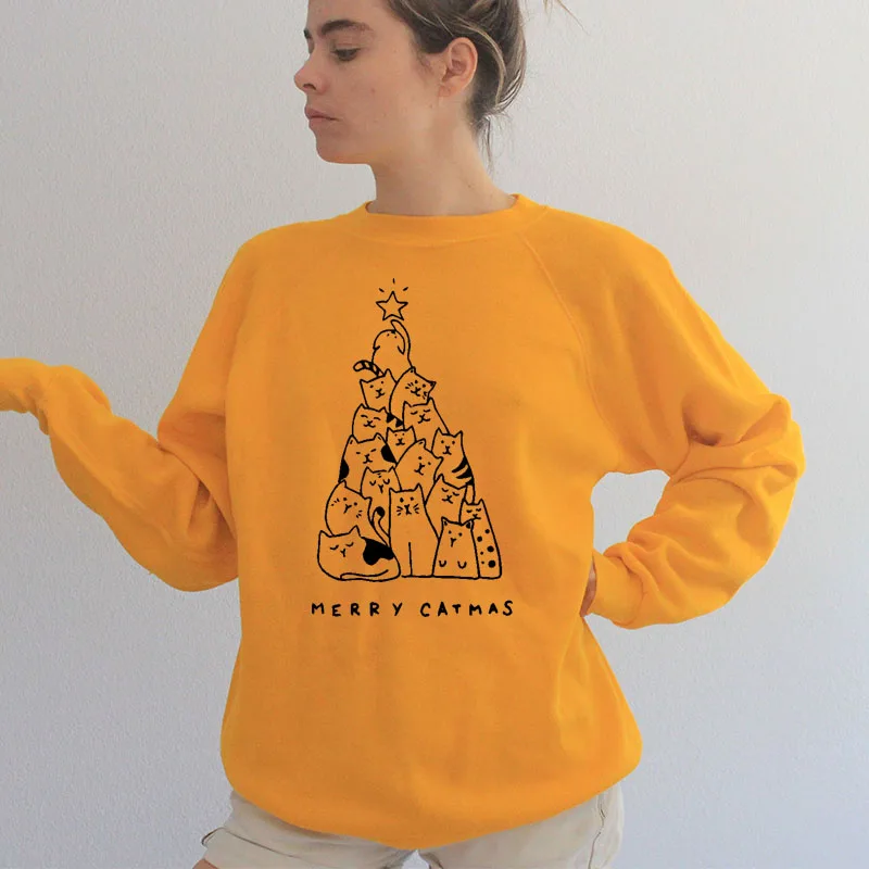 Женский свитшот с принтом Merry Catmas милый праздничный джемпер кошками и надписью Meow
