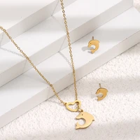 gold heart dolphin pendant stud earrings necklace set simple design fashion necklace clavicle chain ear stud jewelry set