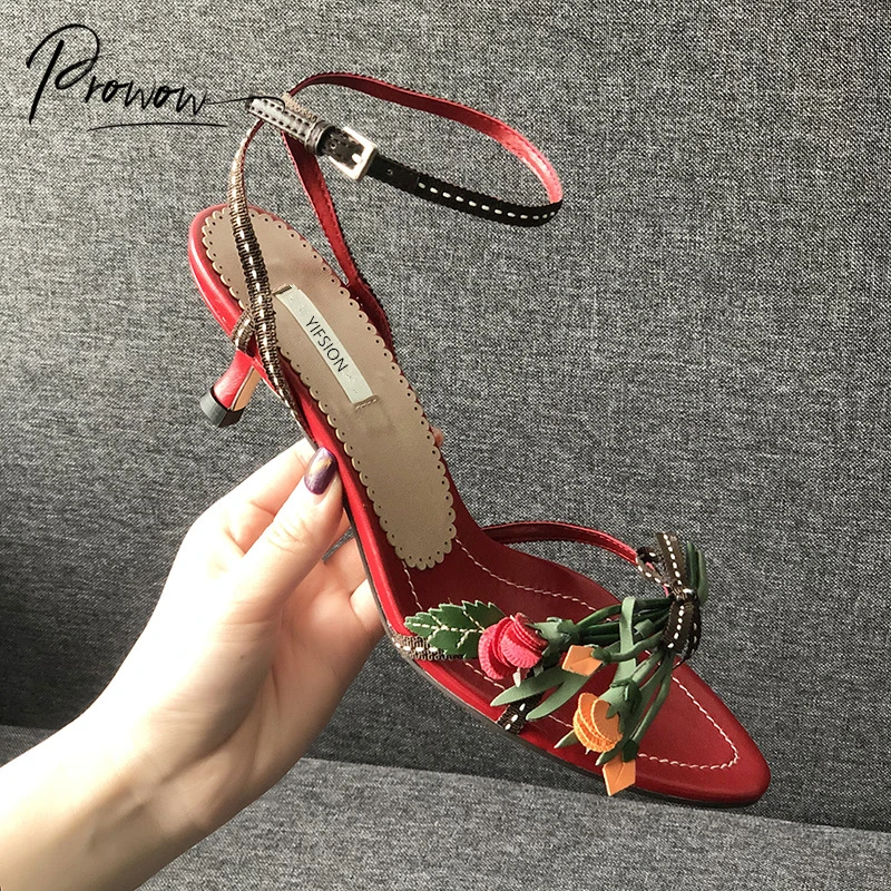 

Prowow New Fashion Style Genuine Leather Sexy Women Summer Spring Sandals Open Toe Flower Thin Mid Heel Sandals Shoes Women