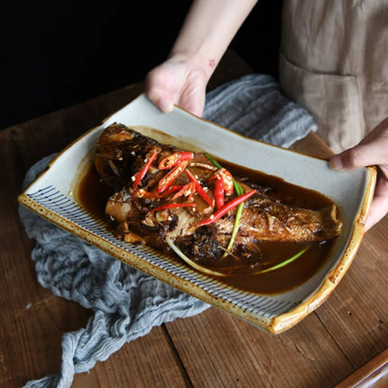 

Japanese style ceramic tableware blue rain series 12-inch rectangular plate fish plate deep plate sushi plate home restaurant