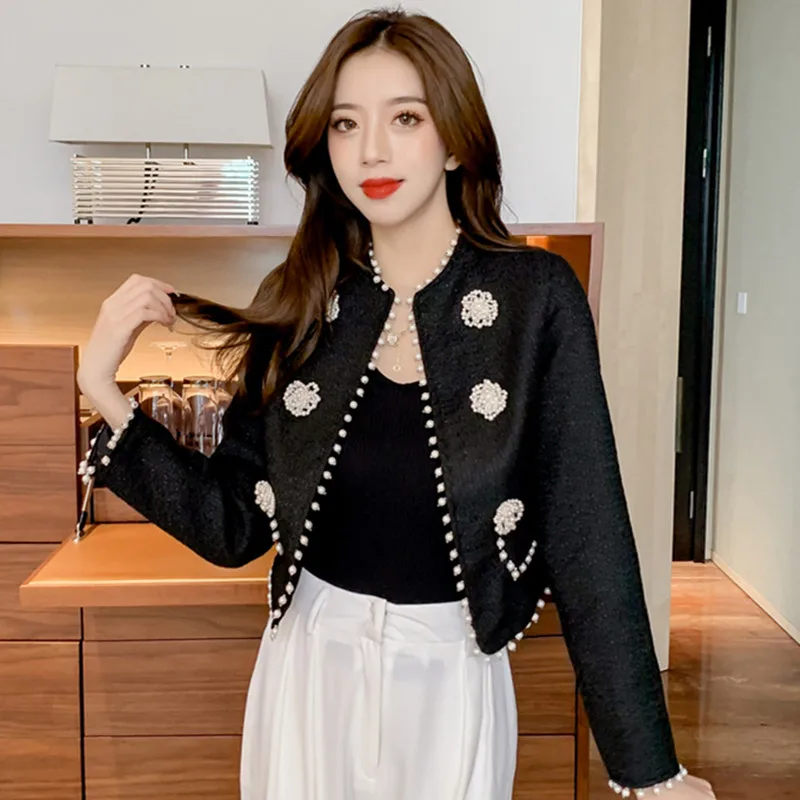 

Runway New Fall Coat For Women's Casual O Neck Long Sleeve Jacket Female Fashion Luxury Beaded Tweed Outwear Top Clothes