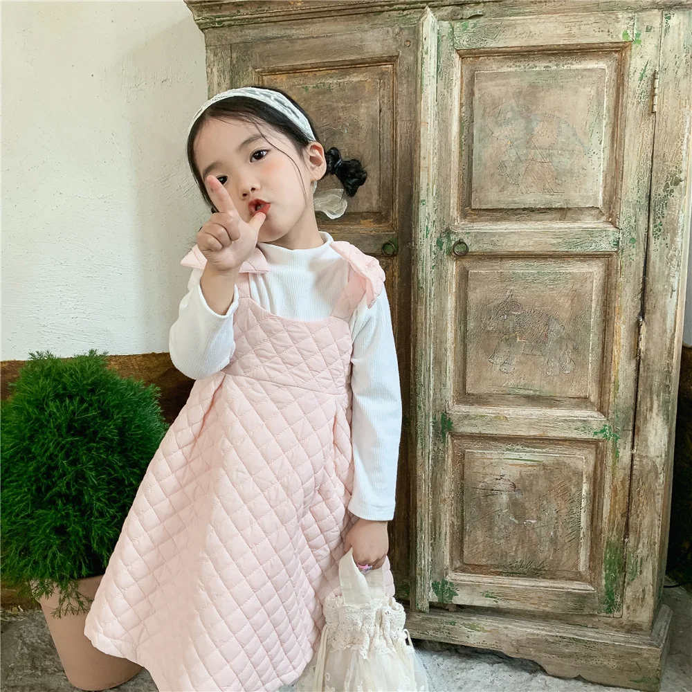 

9323 Girl Suspender Dress Autumn And Winter New 2021 Fashion Korean Girl Sleeveless Dress Bow Tie Suspender Cotton Dress