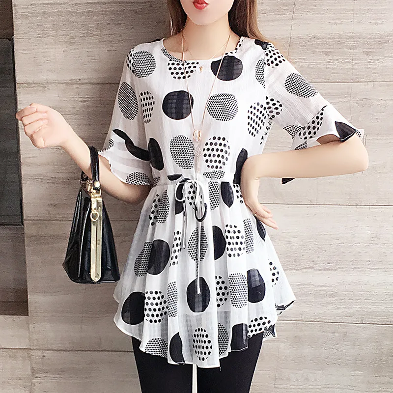 

Женская Длинная блузка с круглым вырезом, с коротким рукавом