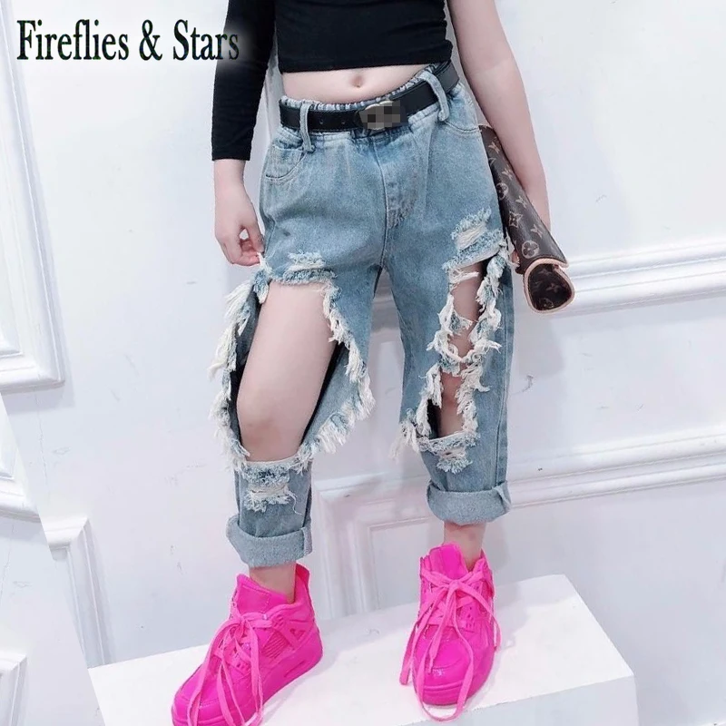 Летние джинсы для девочек детские джинсовые брюки уличная одежда модные рваные с