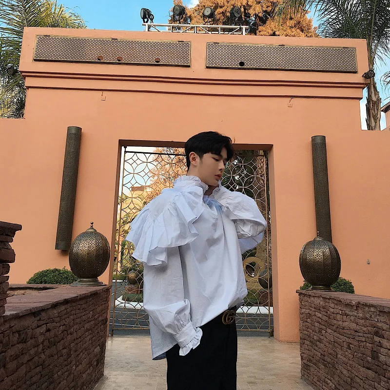 Рубашка мужская с длинным рукавом и оборками белый ретро-топ в готическом стиле