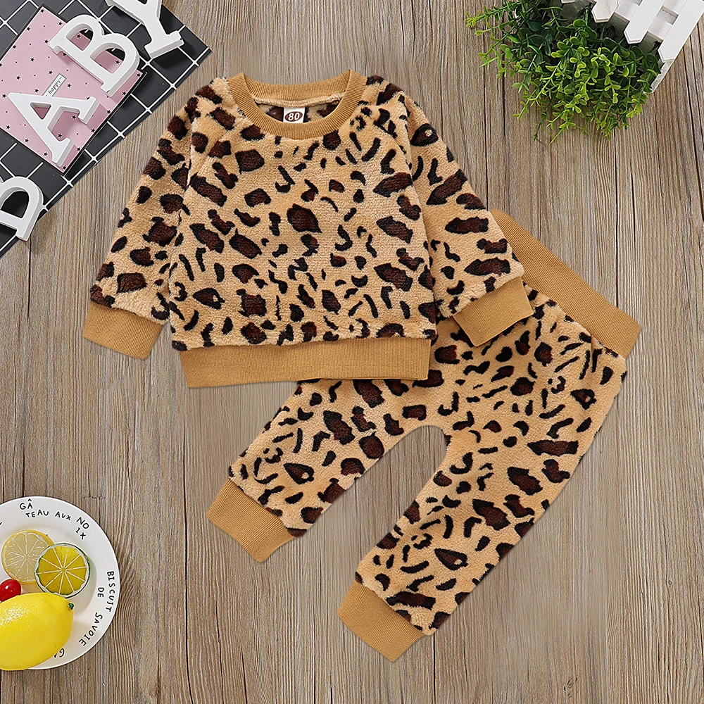 Newborn Baby Girls Leopard print Outfit Clothes Set Long Sleeve Tops+Pants 2Pcs Hooded Tracksuit Children's Clothing Tracksuit