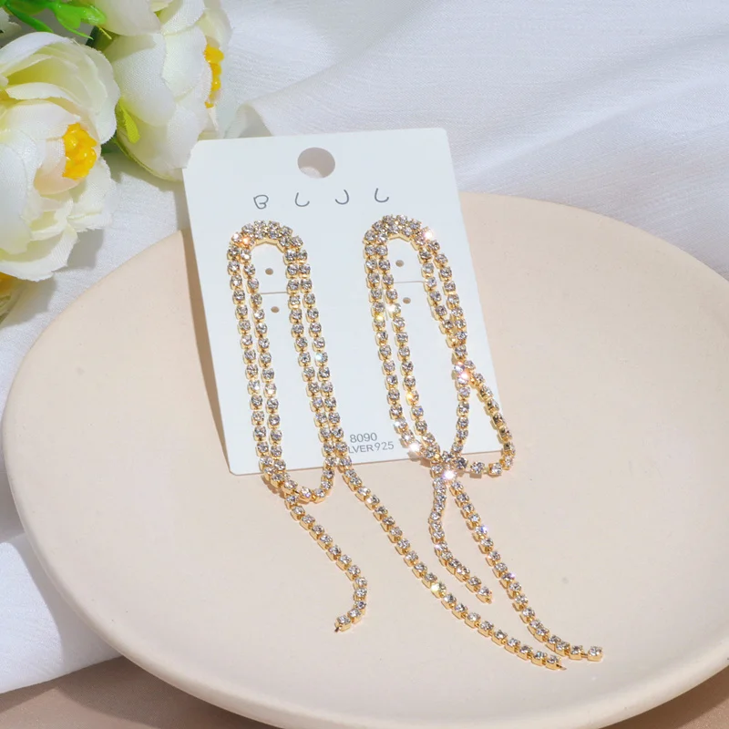 Новые дизайнерские блестящие длинные кисточки Кристаллы Стразы Серьги золотого