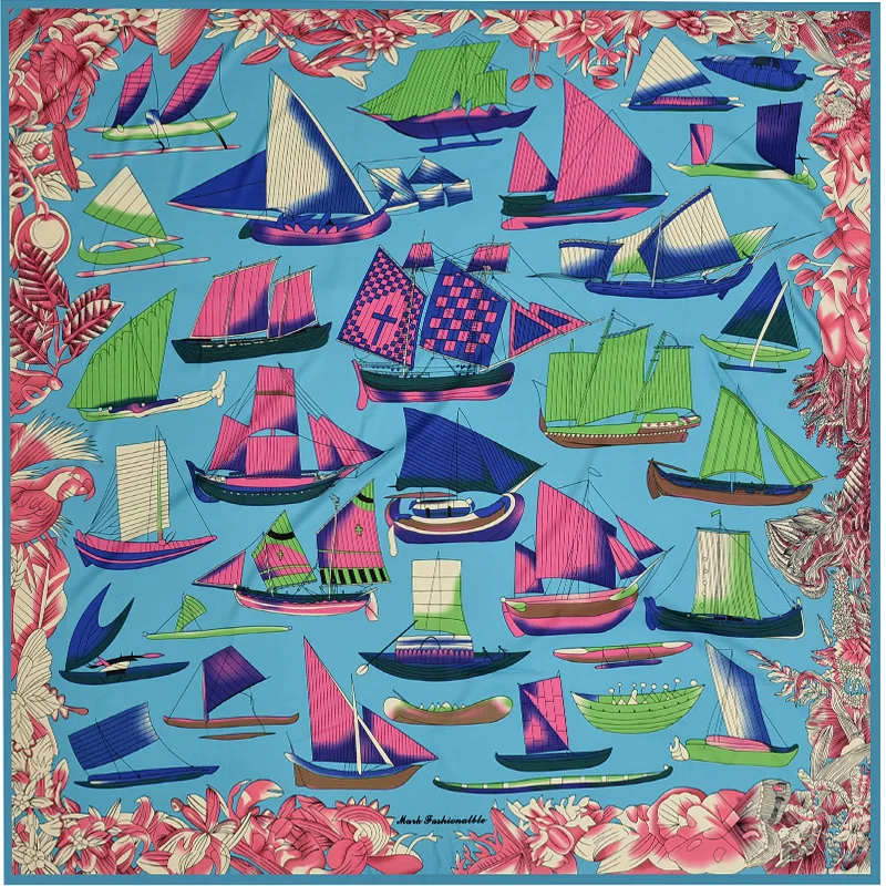 

130*130cm TOP Silk sailboat ship luxurious Scarves Women Foulard Square Hijab Scarf Ladies Shawl wrap muffler pareo female hijab