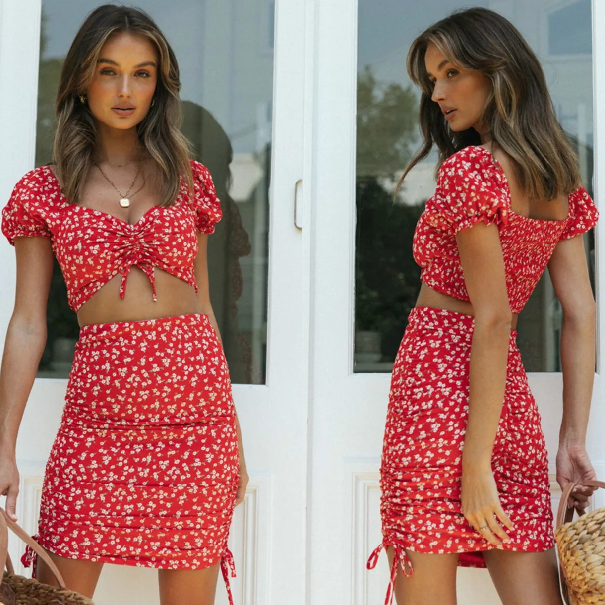 

Imcute Summer Red Floral Two Pieces Sets Women Puff Sleeve T-Shirt Crop Tops Lace-up High-Waist Bodycon Skirt Party Wear Outfits
