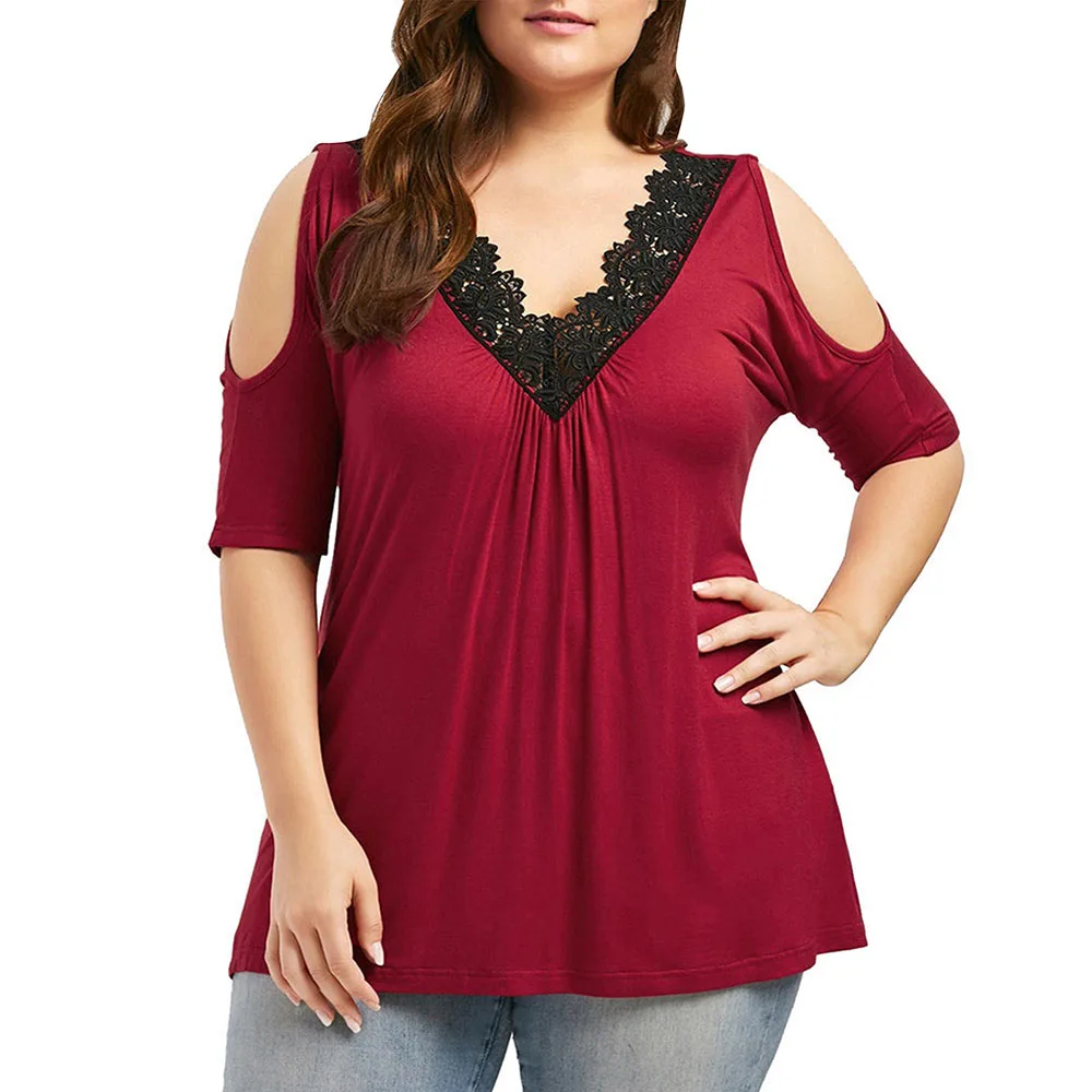 

Plus Size Lace Stitching Off Shoulder Top Women Solid V-neck Short Sleeve Summer Loose T-shirts Casual Fashion Female Blouse D30