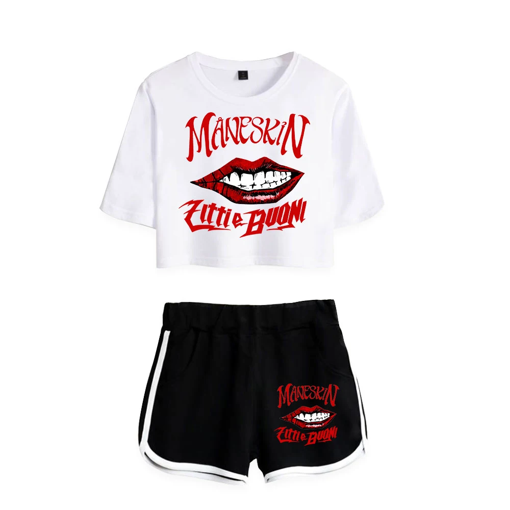 

Cartoon Fashion Creative Maneskin Print Two Piece Set Women Sexy Shorts+lovely T-shirt Cute Dew navel Sport Girl suits