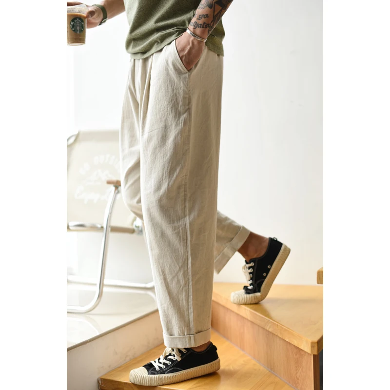 Saucezhan Men Pants Casual Pants Cargo Pants Ankle Length Pants Cotton and Linen Breathable and Thin Loose Fit Wide Leg Pants