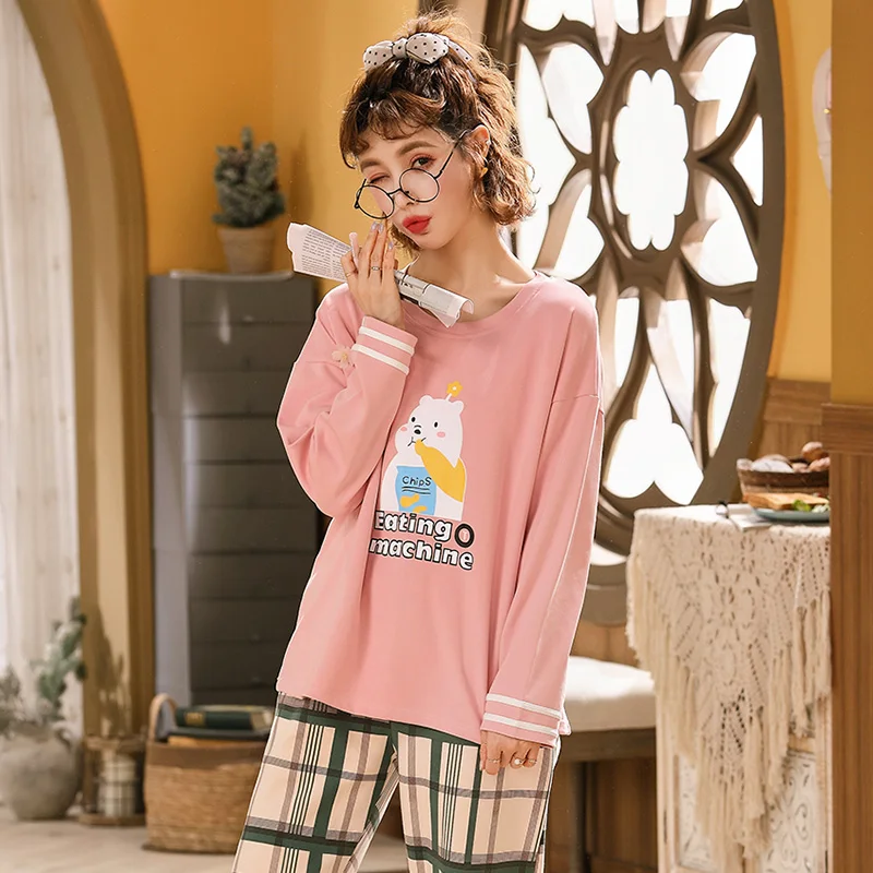 Foply Cartoon 100% Cotton Pajamas Set Women Home HomewearPyjamas Sleepwear Nightwear Pijama Mujer Home Wear Long Pant Nightsuit