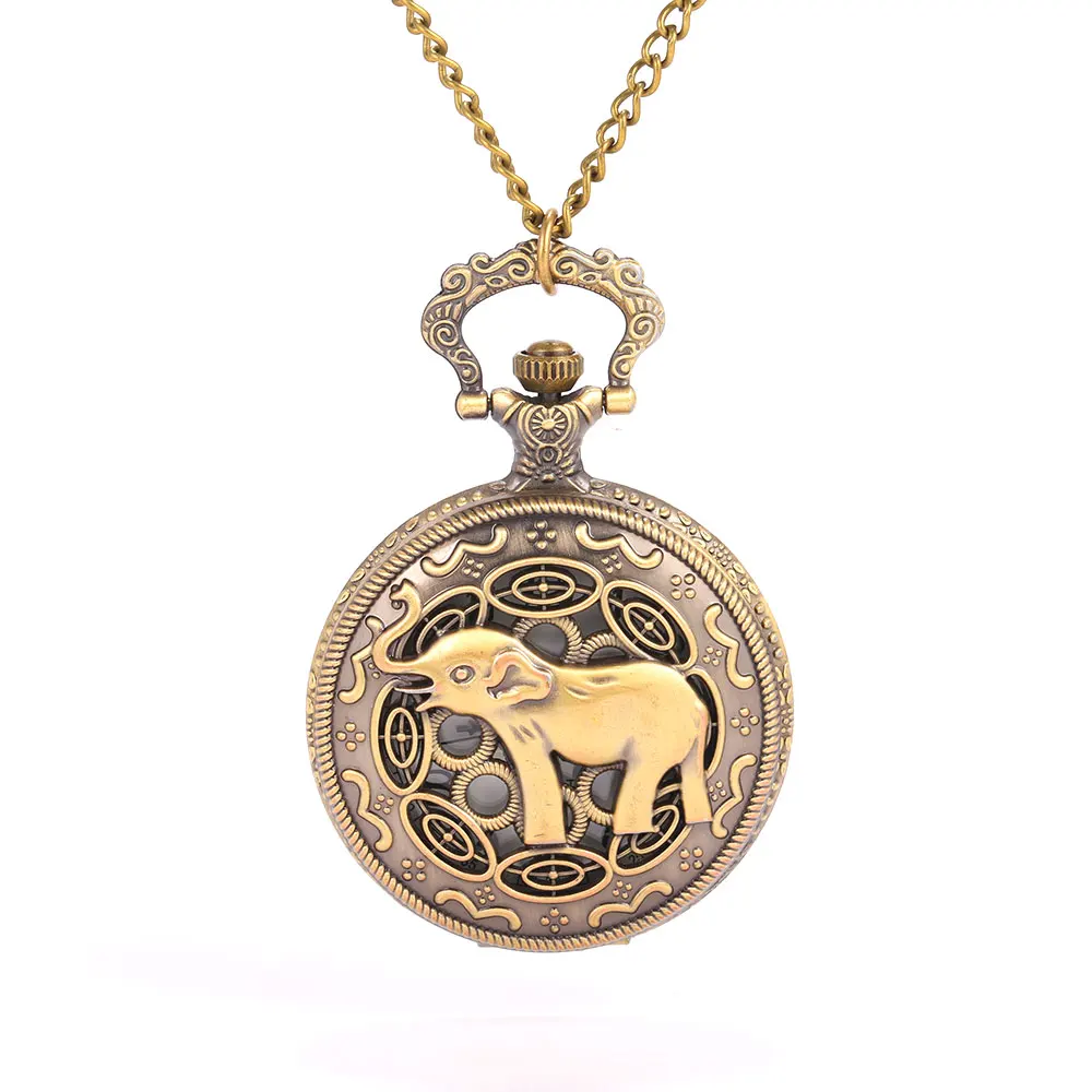 

8828 Elephant bronze pattern carved hollow personality exquisite gift white face Roman lettering large flip pocket watch