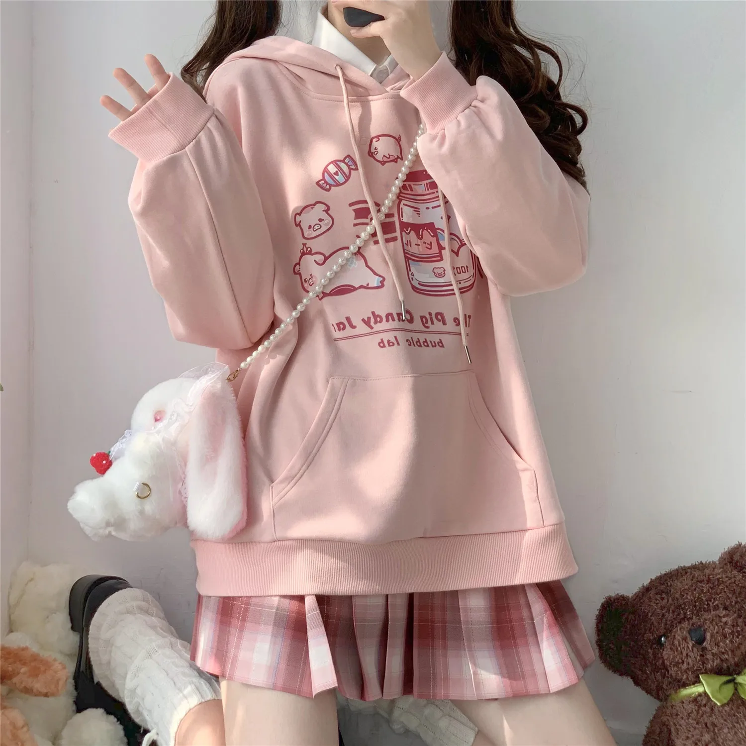 

Pink Loose Sweatshirts Autumn Long Sleeve Oversize Japan Harajuku Couple Hoodie Streetwear Winter Oversized Punk Tops Women