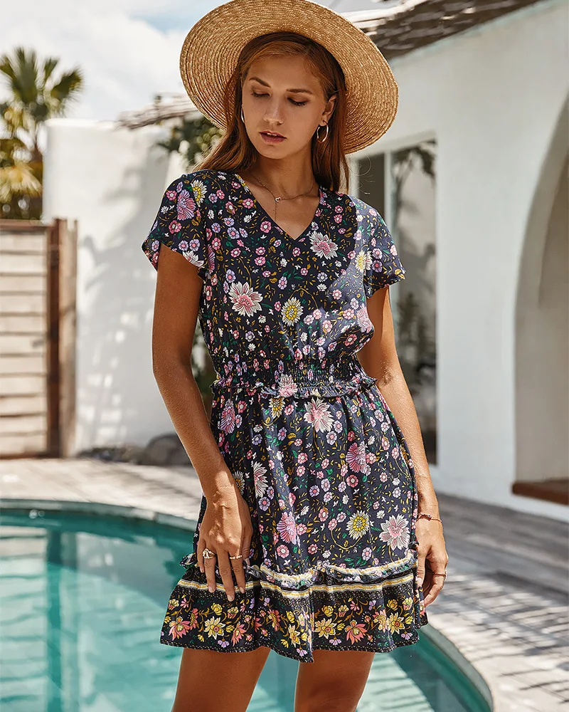 

Donsignet Fashion Women's Dress New Summer Bohemian V-neck Pullover Floral Print Sexy Waist Short-sleeved Dress Casual Dresses