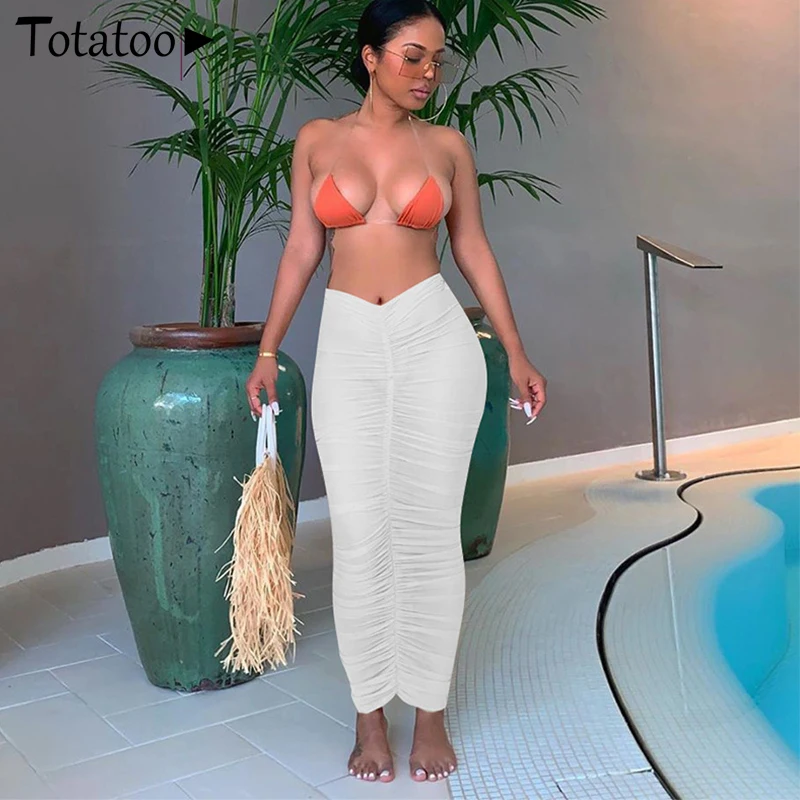 

Totatoop High Wasit Ruched Bodycon See Through Mesh Long Skirts Women 2021 Summer Beachwear Boho Swim Maxi Skirts White Female