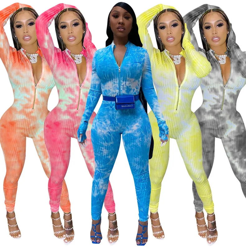 

22TY1869 Autumn Winter Women Casual Fashion Sexy Tight High Neck Tie-dye Printed Zipper Jumpsuit Playsuit Rompers Plus Size Hot