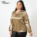 Женская атласная блузка с V-образным вырезом, с длинным рукавом