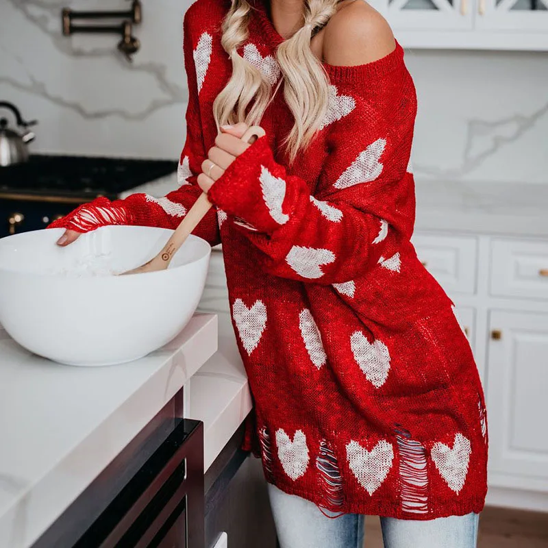 2019 размера плюс о-образный вырез любовь узор длинный рукав вязаный свитер