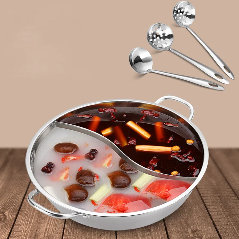 30 см 2 отсека Hotpot Нержавеющая Сталь Приготовления супа горшок со стеклянной крышкой половник-дуршлаг кухонная посуда для индукционной плиты