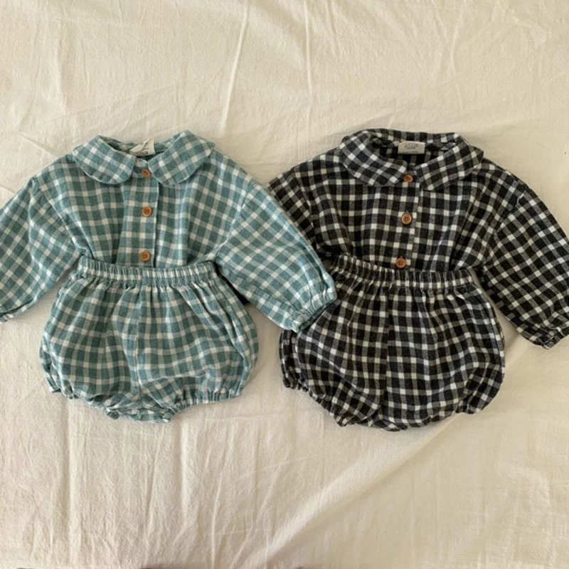 

Newborn Baby Suit Infantil Kids Full Sleeved Plaid+Bloomer Outfits Baby Girl Clothes Sets Fashion Toddler Boys 2pcs Shorts Set