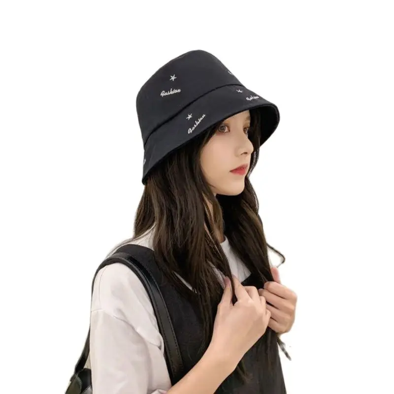 Korean Embroidery Letters Pentagram Bucket Hat Spring Summer Brand Wide Brim Cotton Hats For Women Sunbonnet Cap Folding